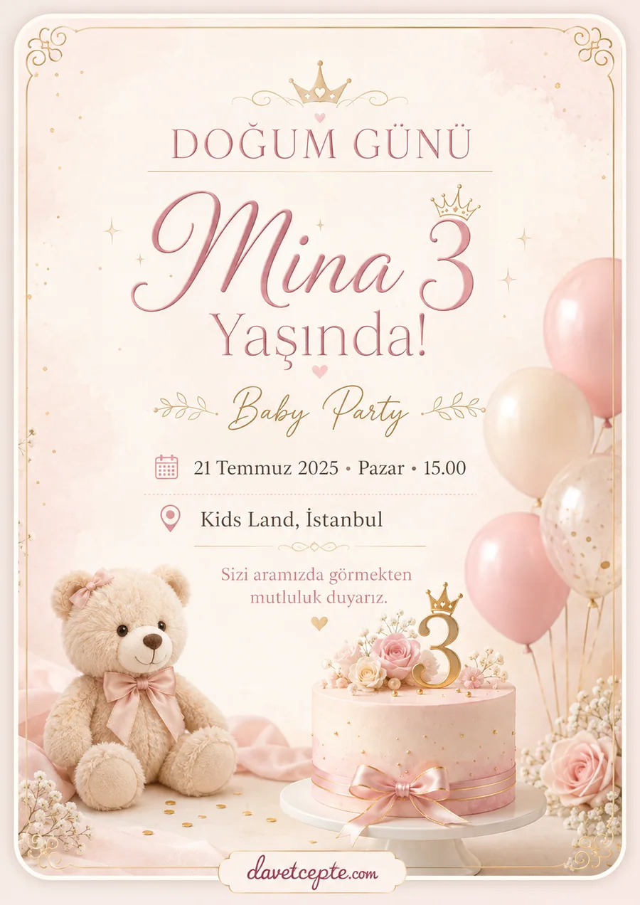 Mina 3 Yaşında — Zarif & Pastel stilinde hazırlanmış dijital davetiye tasarımı