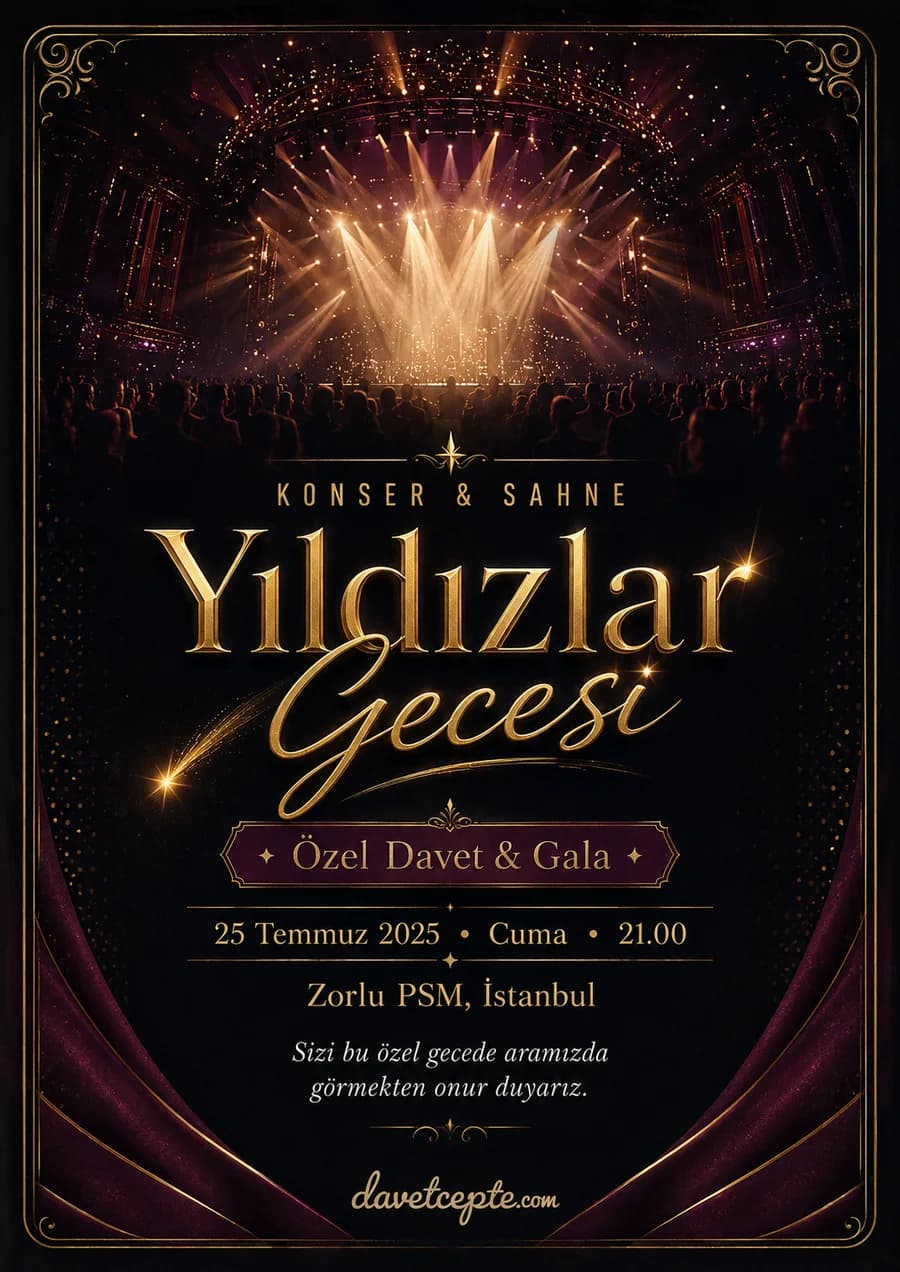 Yıldızlar Gecesi — Sahne & Gala stilinde hazırlanmış dijital davetiye tasarımı