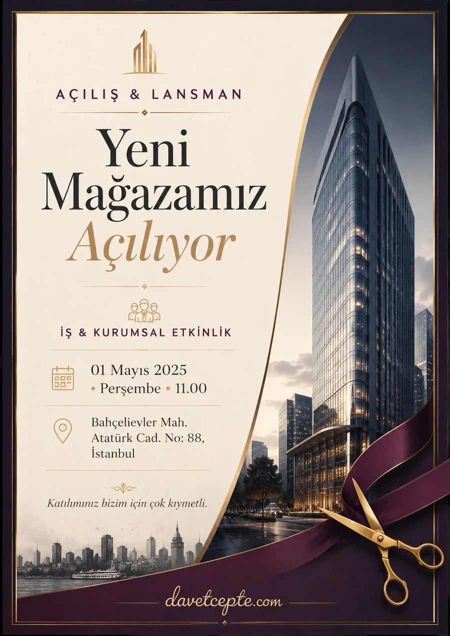 Yeni Mağazamız Açılıyor — Kurumsal & Prestijli stilinde hazırlanmış dijital davetiye tasarımı